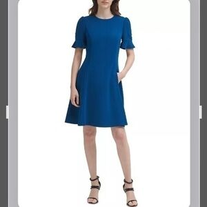 DKNY Button Sleeve Flounce Fit & Flare Dress in Blue Size 4